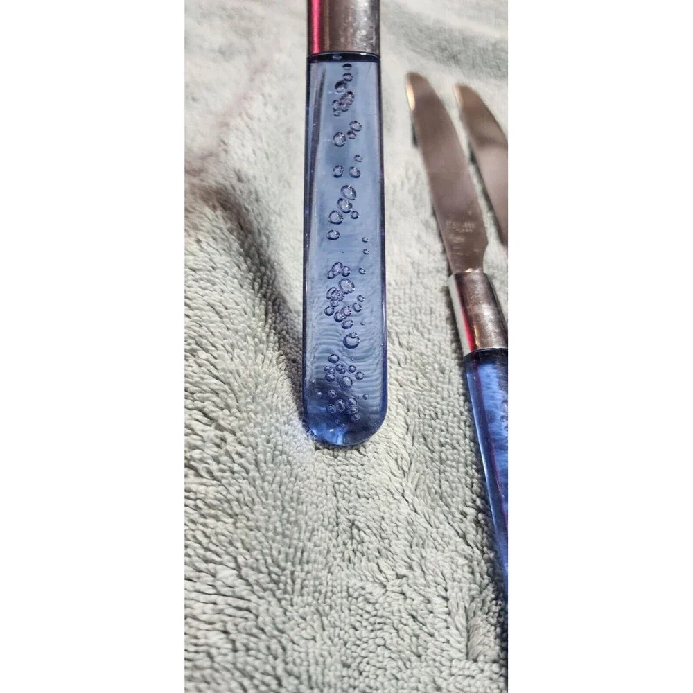 Vtg Flatware Stainless Steel Silverware 10 Settings Blue Lucite Plastic